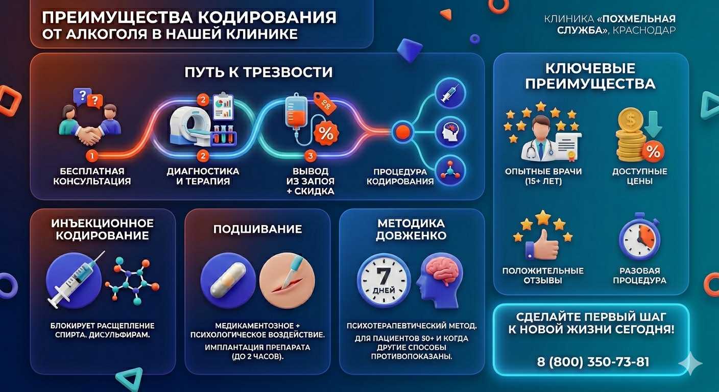 Инфографика о методах кодирования от алкоголя в Шатуре: инъекции, подшивание, метод Довженко. Преимущества клиники и этапы лечения.